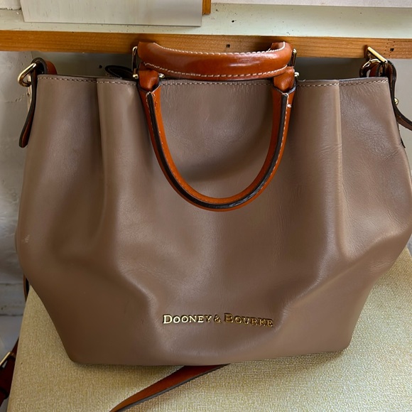Dooney & Bourke Taupe Leather Crossbody Bag with Cognac Handles, Brass Hardware - Picture 2 of 11